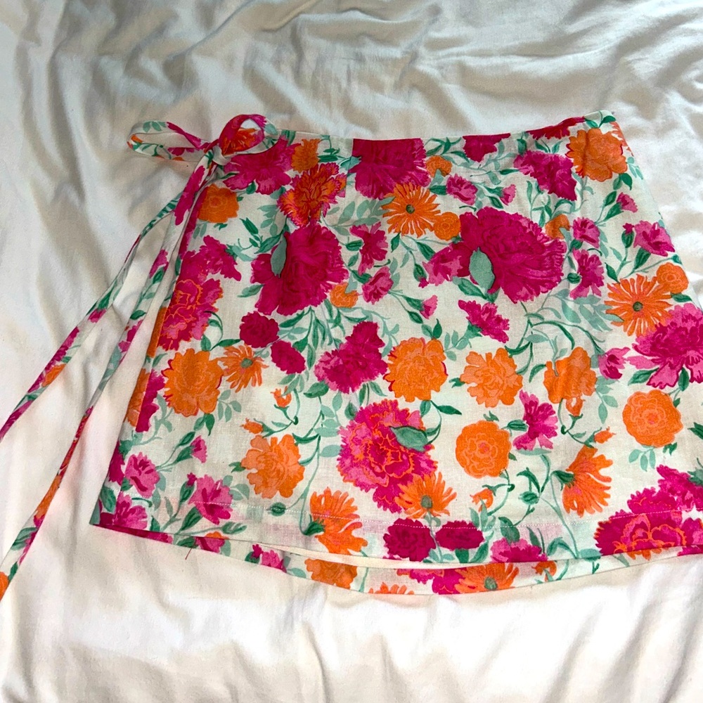 WAYF Floral Wrap Skirt with Pink and Green Accents